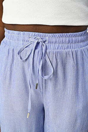 KADIN BELİ LASTİKLİ BOL PAÇA İNCE ÇİZGİLİ DÜZ RENK PANTOLON