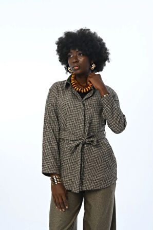 KADIN KARIŞIK DESENLİ CEPLİ KUŞAKLI GÖMLEK