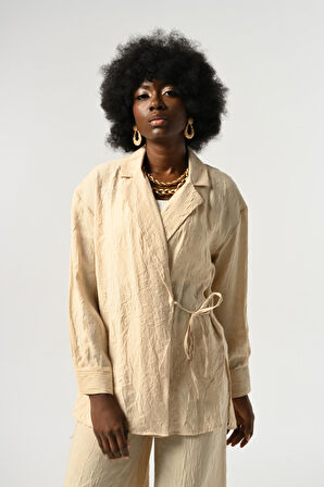 KADIN BELDEN BAĞLAMALI KIRIŞIK KUMAŞ DÜZ RENK GÖMLEK