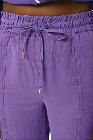 KADIN BELİ LASTİKLİ RAHAT KALIP DÜZ RENK KETEN PANTOLON