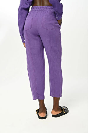 KADIN BELİ LASTİKLİ RAHAT KALIP DÜZ RENK KETEN PANTOLON