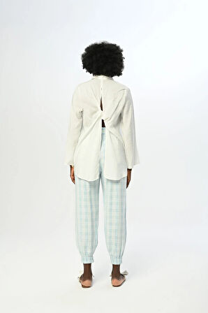 KADIN RAHAT KALIP BELİ LASTİKLİ EKOSE DESENLİ PANTOLON