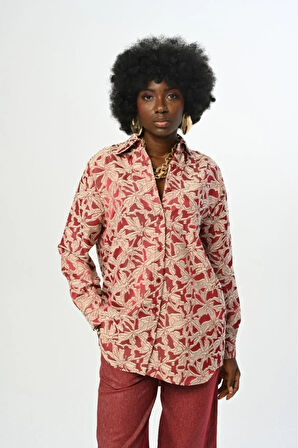 KADIN DESENLİ BORDO RENK OVERSİZE KESİM GÖMLEK