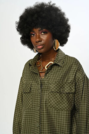 KADIN KARE DESENLİ SİMLİ ÇİFT CEPLİ GÖMLEK