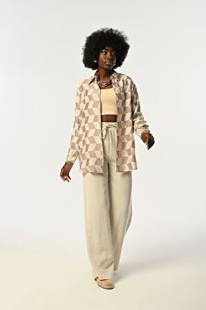 KADIN GEOMETRİK DESENLİİ OVERSİZE GÖMLEK