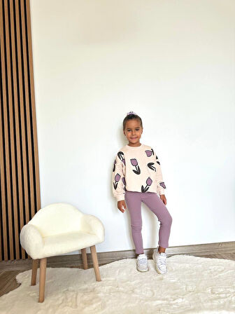 Kız Çocuk 3 iplik Pamuklu Kumaş Lale Desenli Sweatshirt ve FitilliTayt Alt Üst Takım
