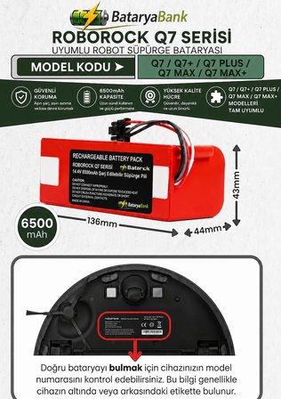 BataryaBank Roborock Q7 / Q7+ / Q7 Plus / Q7 Max / Q7 Max+ Uyumlu Robot Süpürge Bataryası 14.4V 6500mAh Li-ion Yüksek Kapasiteli Şarj Edilebilir Pil