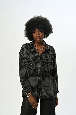 KADIN KARE DESENLİ SİMLİ ÇİFT CEPLİ GÖMLEK