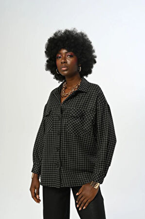 KADIN KARE DESENLİ SİMLİ ÇİFT CEPLİ GÖMLEK