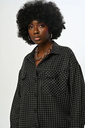 KADIN KARE DESENLİ SİMLİ ÇİFT CEPLİ GÖMLEK