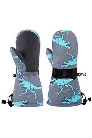 Petityu Su Geçirmez Erkek Çocuk Bere Eldiven Set 2-4 Yaş Kayak Snowboard Gri Mavi Dino