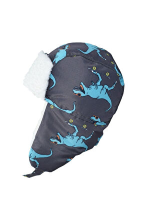 Petityu Su Geçirmez Erkek Çocuk Bere Eldiven Set 2-4 Yaş Kayak Snowboard Gri Mavi Dino