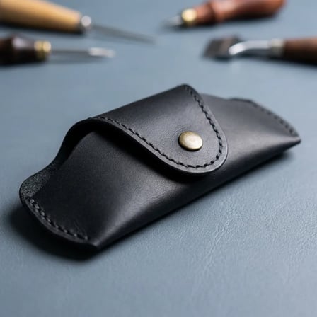 %100 Hakiki Deri Çıtçıt Kapamalı Gözlük Kılıfı - Siyah El Yapımı Gözlük Kabı ( 16 x 8,5 cm )