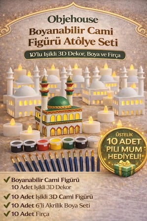 Boyanabilir ışıklı Cami Seti | 10 Adet 3D Baskı cami + 10 6lı Boya + 10 Fırça +10 lamba