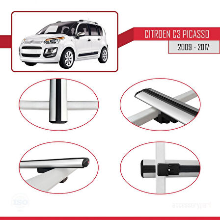 Citroen C3 Picasso 2009-2017 Arası ile Uyumlu BASIC Model Ara Atkı Tavan Barı Gri 2 Adet