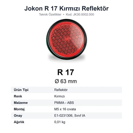 Jokon R 17 Kırmızı Karavan Reflektörü M5 Vidalı Römork Reflektör (JK30.0002.000)
