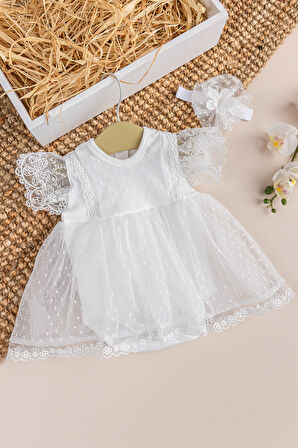 Tüllü Bandanalı %100 pamuk Kız Bebek Şık Özel Gün Elbise Set Krem