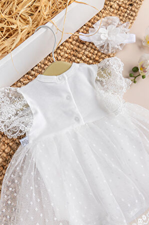 Tüllü Bandanalı %100 pamuk Kız Bebek Şık Özel Gün Elbise Set Krem
