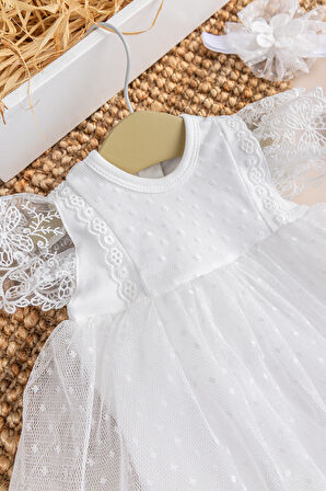 Tüllü Bandanalı %100 pamuk Kız Bebek Şık Özel Gün Elbise Set Krem