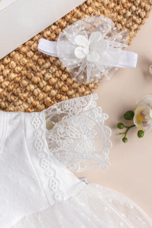 Tüllü Bandanalı %100 pamuk Kız Bebek Şık Özel Gün Elbise Set Krem