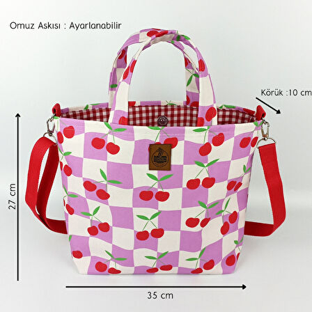 Woodycord El Yapımı Kiraz ve Dama Desenli Tote Çanta
