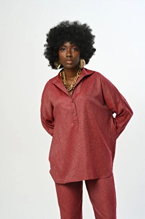 KADIN DÜZ RENK YAKASI DETAYLI OVERSİZE KESİM GÖMLEK