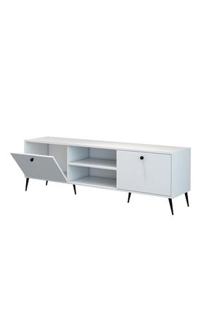 Modern Beyaz TV Ünitesi 180 cm – MDF Lam, 2 Kapaklı, Açık Raflı, Siyah Ayaklı