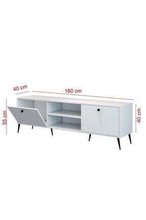 Modern Beyaz TV Ünitesi 180 cm – MDF Lam, 2 Kapaklı, Açık Raflı, Siyah Ayaklı