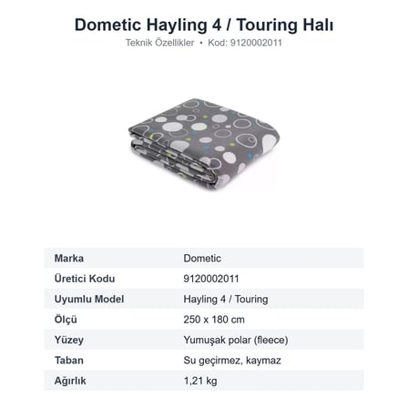 Dometic Hayling 4 / Touring Çadır Halısı Fleece Polarlı 250 x 180 cm (9120002011)