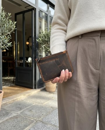 %100 Hakiki Deri Taba / Vintage / Fermuarlı Mini Cüzdan İnce El Yapımı Unisex Kartlık 12 x 9 cm