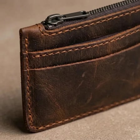 %100 Hakiki Deri Taba / Vintage / Fermuarlı Mini Cüzdan İnce El Yapımı Unisex Kartlık 12 x 9 cm