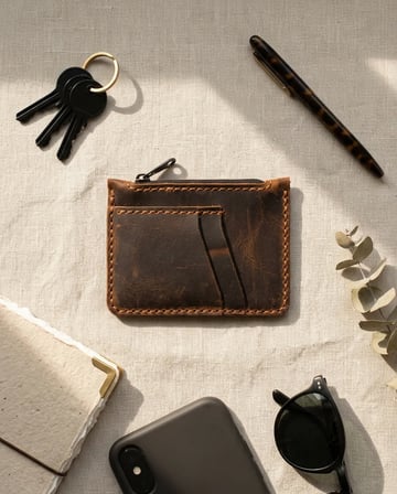 %100 Hakiki Deri Taba / Vintage / Fermuarlı Mini Cüzdan İnce El Yapımı Unisex Kartlık 12 x 9 cm