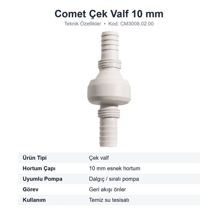 Comet Karavan Dalgıç Pompa Çek Valfi 10 mm Hortum İçin (CM3008.02.00)