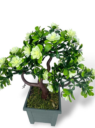 Yapay Çiçek Beyaz Çiçekli Bonsai Ağacı Dekoratif Yapay Ağaç Bonzai 29*24 CM Siyah Kare Saksıda