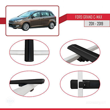 Ford Grand C-Max (C344) 2011-2019 Arası ile Uyumlu BASIC Model Ara Atkı Tavan Barı Siyah 3 Adet