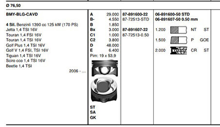 PİSTON SEGMAN VAG 76,50MM STD 0.20MM KISA  BLG-BMY 8772513STD100G.GTZ