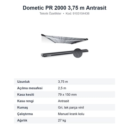 Dometic PerfectRoof PR 2000 Çatı Tipi Karavan Tentesi 3,75 m, Antrasit Kasa, Gri Kumaş (9103104436)