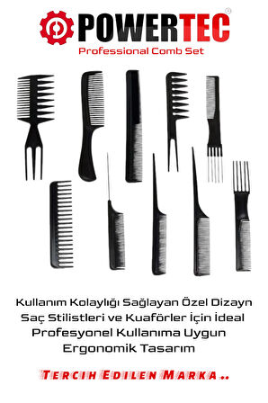 Powertec TR-C10 10'lu Profesyonel Kuaför Tarağı - Berber Tarağı Çantalı Set