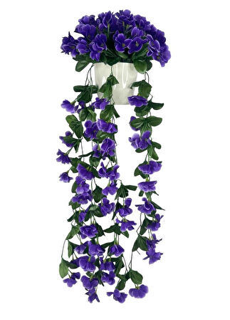 Yapay Çiçek Sarkan Mor Menekşe Krem Rengi Saksıda 4 Sarkan Dallı 70cm 