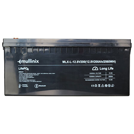 Mullinix 12V 200Ah 6000 Döngü Isıtmalı ve Bluetooth Lifepo4 Lityum Akü