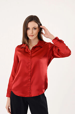 Kadın Hafif Dökümlü Kırmızı Saten Gömlek