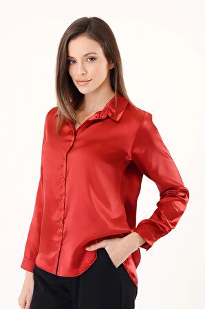 Kadın Hafif Dökümlü Kırmızı Saten Gömlek