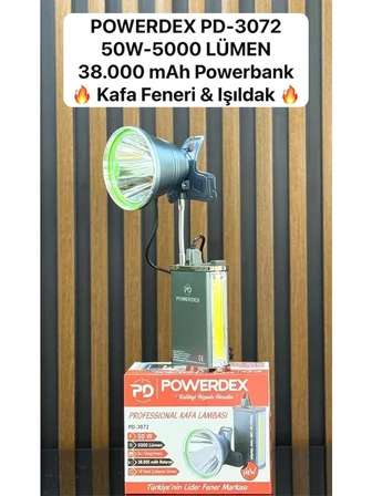 powerdex PD-3072 50W 5000 Lümen 38000mAH Powerbenk Kafa Feneri & Işıldak (Yeni Ürün)