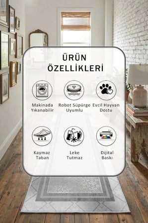 Yıkanabilir Kaymaz Dijital Baskılı Yolluk Halı Tüy Tutmaz Açık Gri