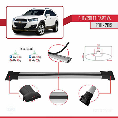 Chevrolet Captiva 2011-2015 Arası ile Uyumlu FLY Model Ara Atkı Tavan Barı Gri 2 Adet