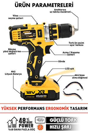 12v Çift Akülü Vidalama Metal Şanzıman Şarjlı Matkap