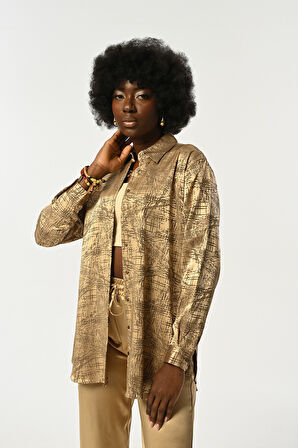 KADIN KARIŞIK DESENLİ PARLAK OVERSİZE GÖMLEK