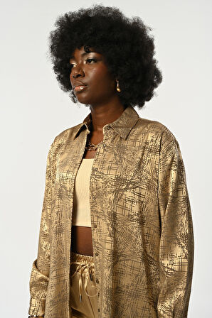 KADIN KARIŞIK DESENLİ PARLAK OVERSİZE GÖMLEK