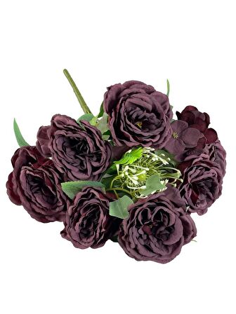 Yapay Çiçek Pastel Bordo Şakayık 9 Dallı 7 Güllü Büyük Boy Demet 40cm