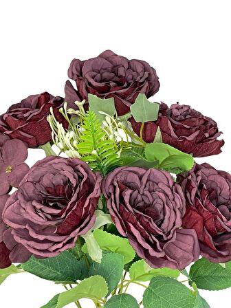 Yapay Çiçek Pastel Bordo Şakayık 9 Dallı 7 Güllü Büyük Boy Demet 40cm